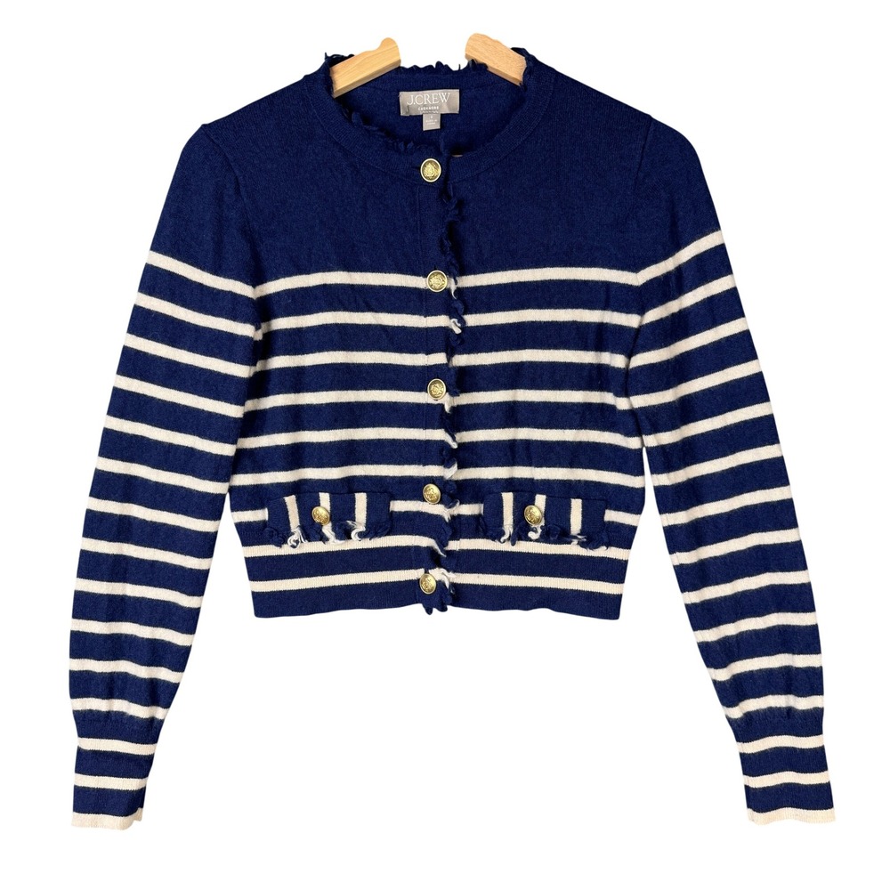 J.Crew Cashmere Cropped Lady Cardigan Navy White Striped Gold Buttons CB913 S